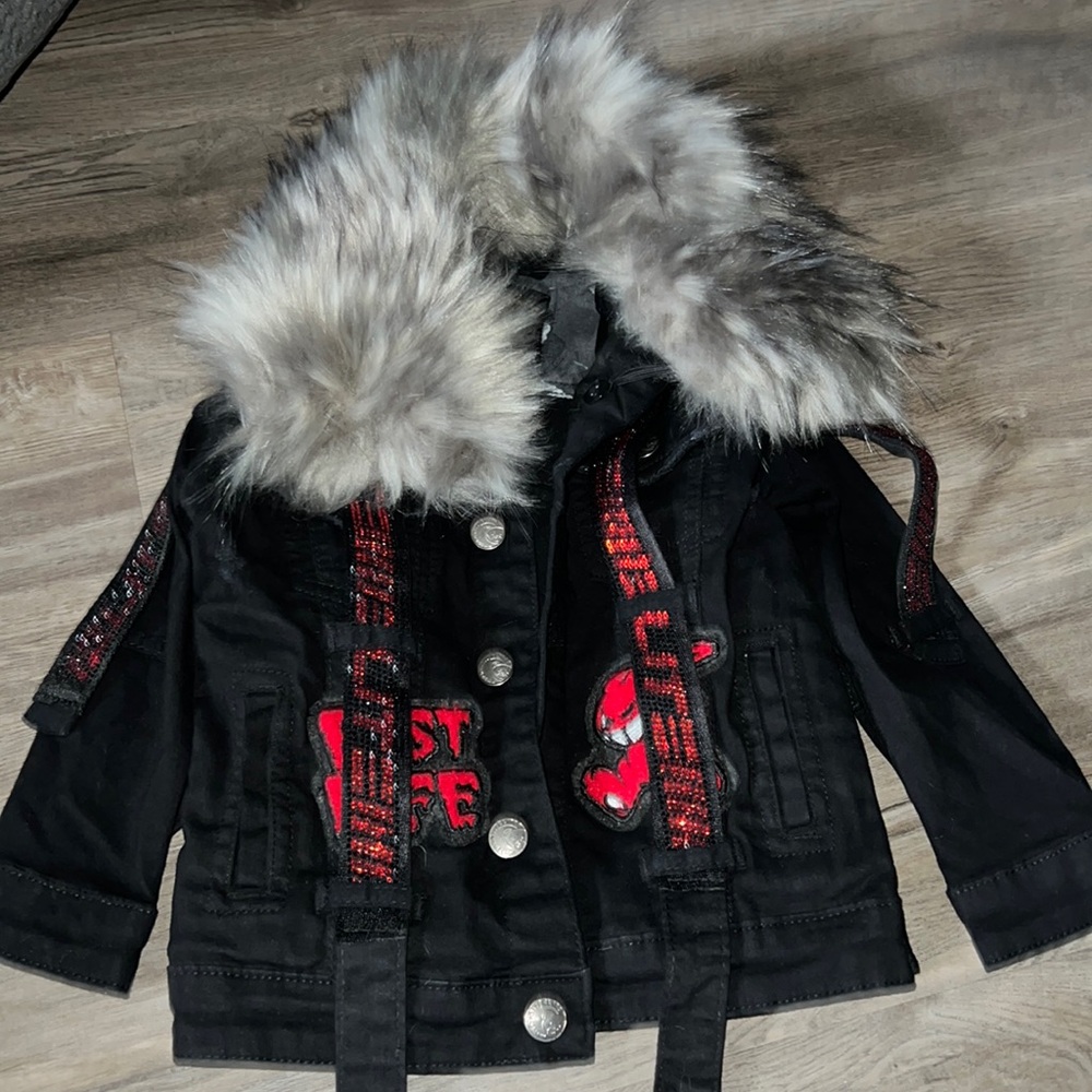 Elite Premium Embroidered Black Denim Jacket Size 3/4 Fur Hood nwt